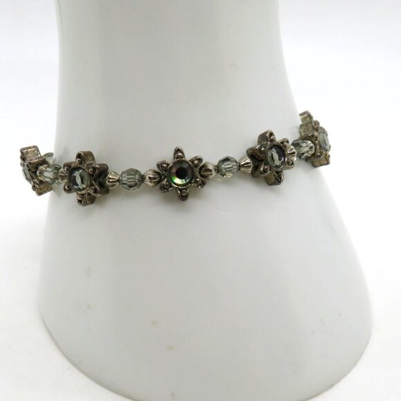Floral Bracelet Silver Tone Gray Crystal Bead Star Accents Magnetic Closure - Picture 1 of 14